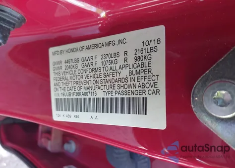 2019 Acura Tlx Standard from USA, damaged, VIN 19UUB1F36KA007116
